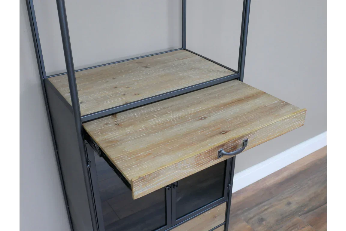 Industrial style shelving unit with metal frame and pull-out wooden desk surface