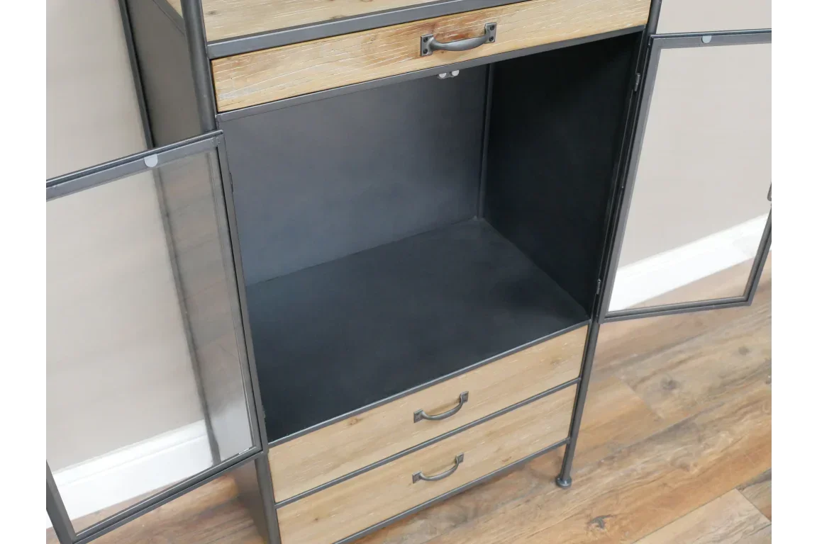 Industrial storage cabinet with glass doors, black frame and wood drawers, shown open