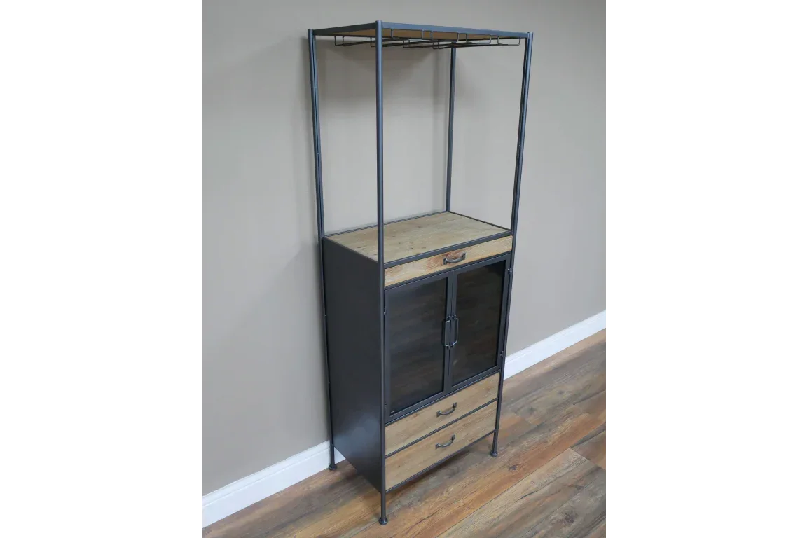 Industrial storage cabinet with black frame, wood shelves, two drawers, and glass doors