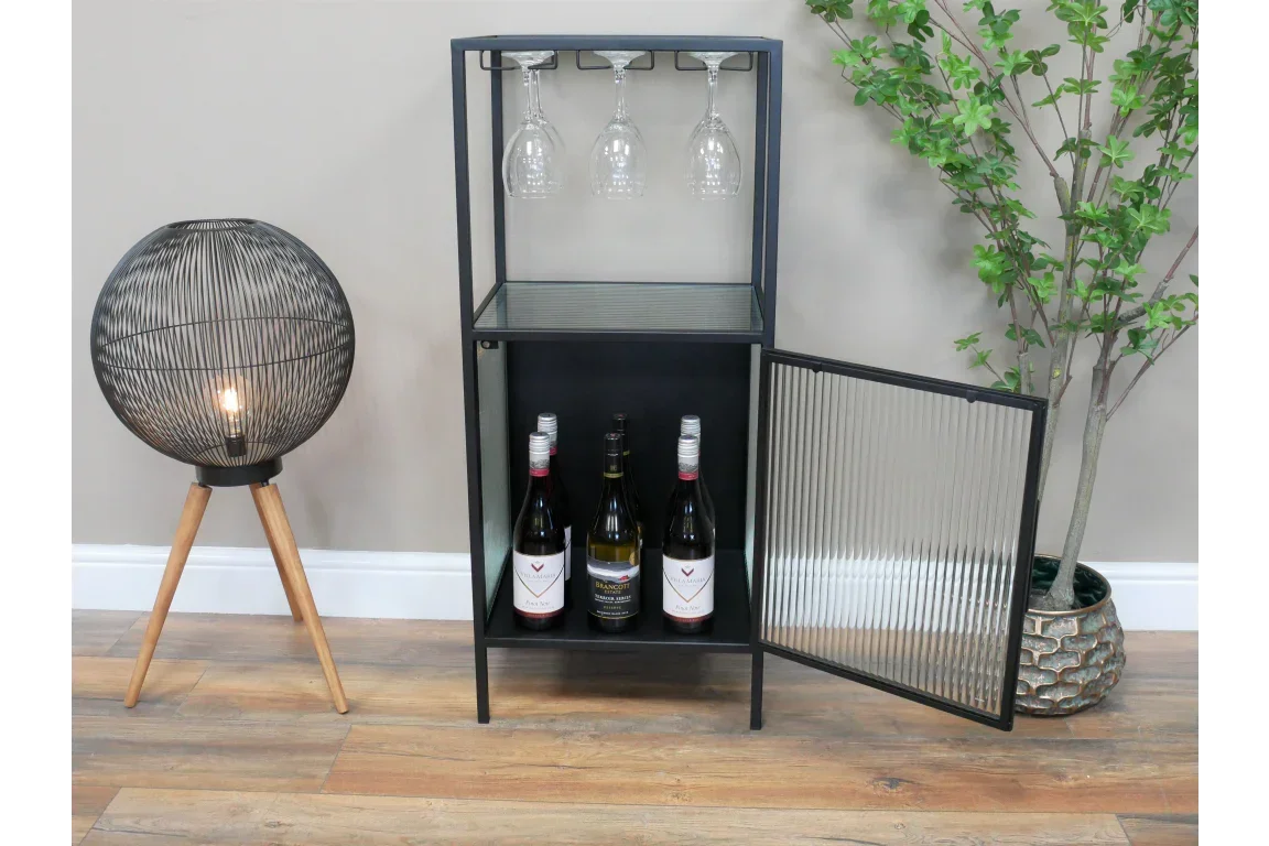 Black metal drinks cabinet with ribbed glass door, wine bottles and hanging glass storage