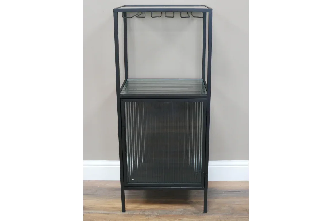 Black metal and glass cabinet with ribbed door and built-in wine glass rack, front view