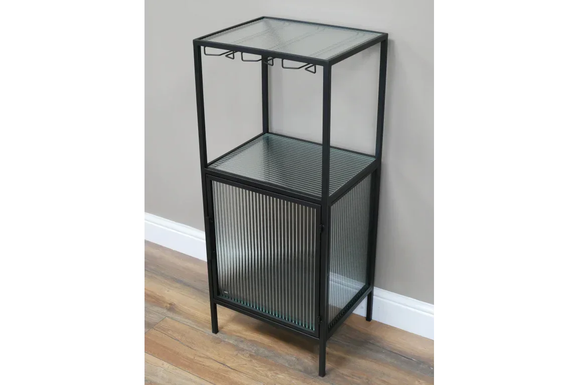 Black metal and ribbed glass drinks cabinet with upper shelf and integrated glass holders