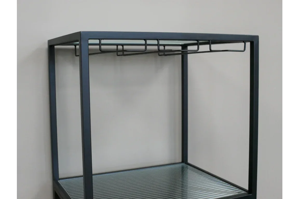 Black metal storage rack with glass shelf and integrated wine glass holder