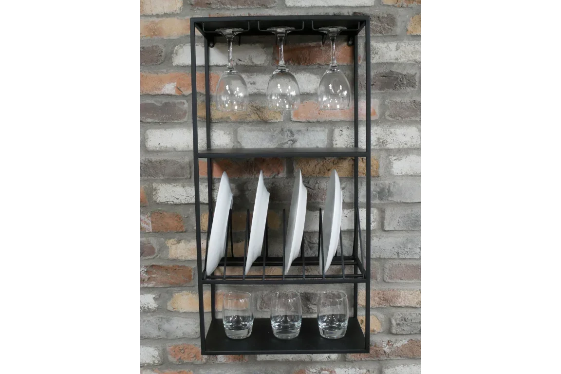 Black metal wall mounted kitchen rack holding plates, wine glasses and tumblers