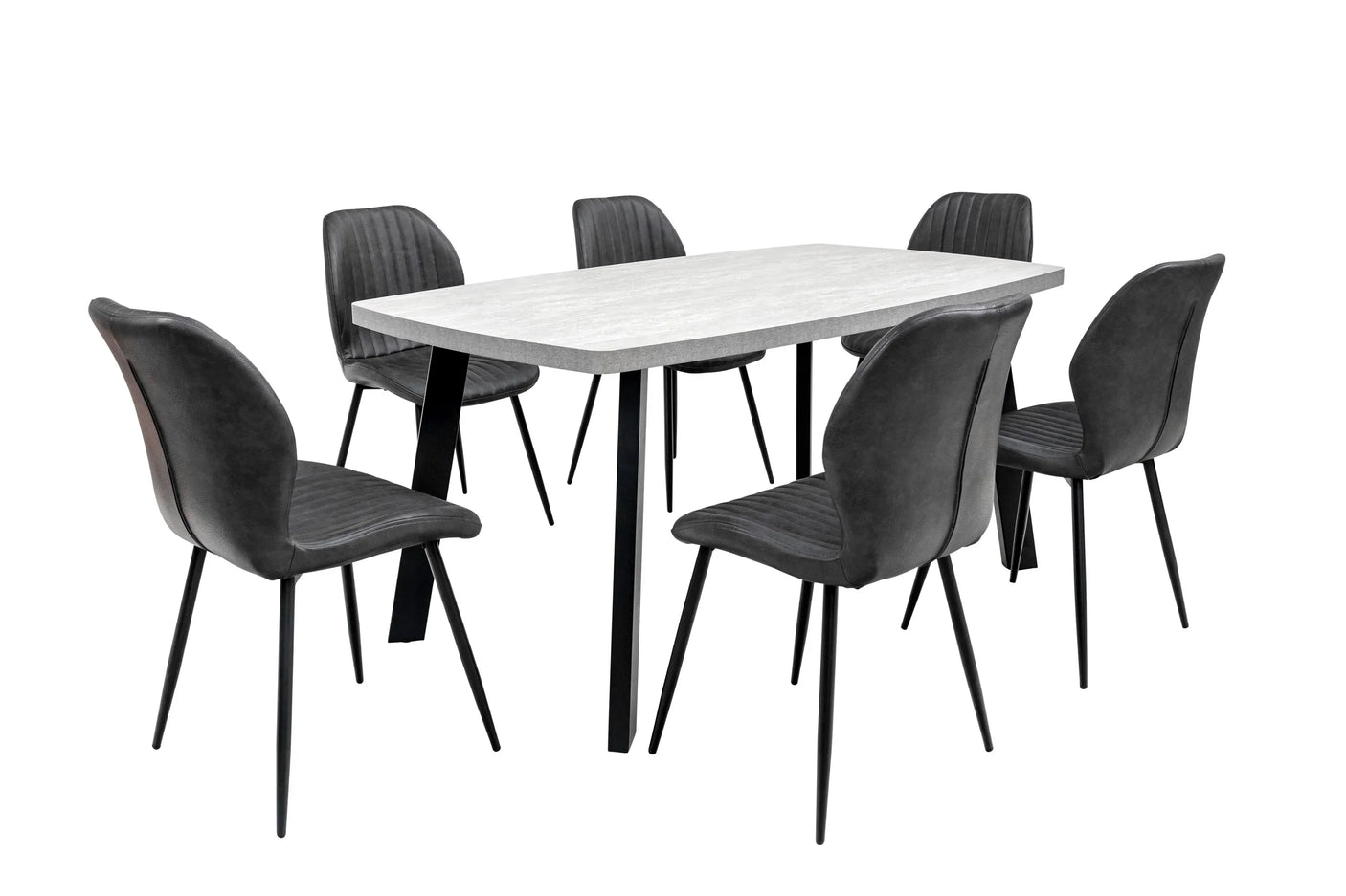 Modern dining table with grey concrete-effect top and six black upholstered dining chairs