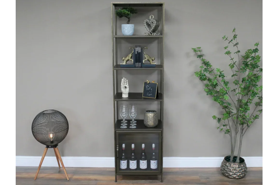 Tall metal display shelving unit with decor items, glassware and wine bottles in modern living room