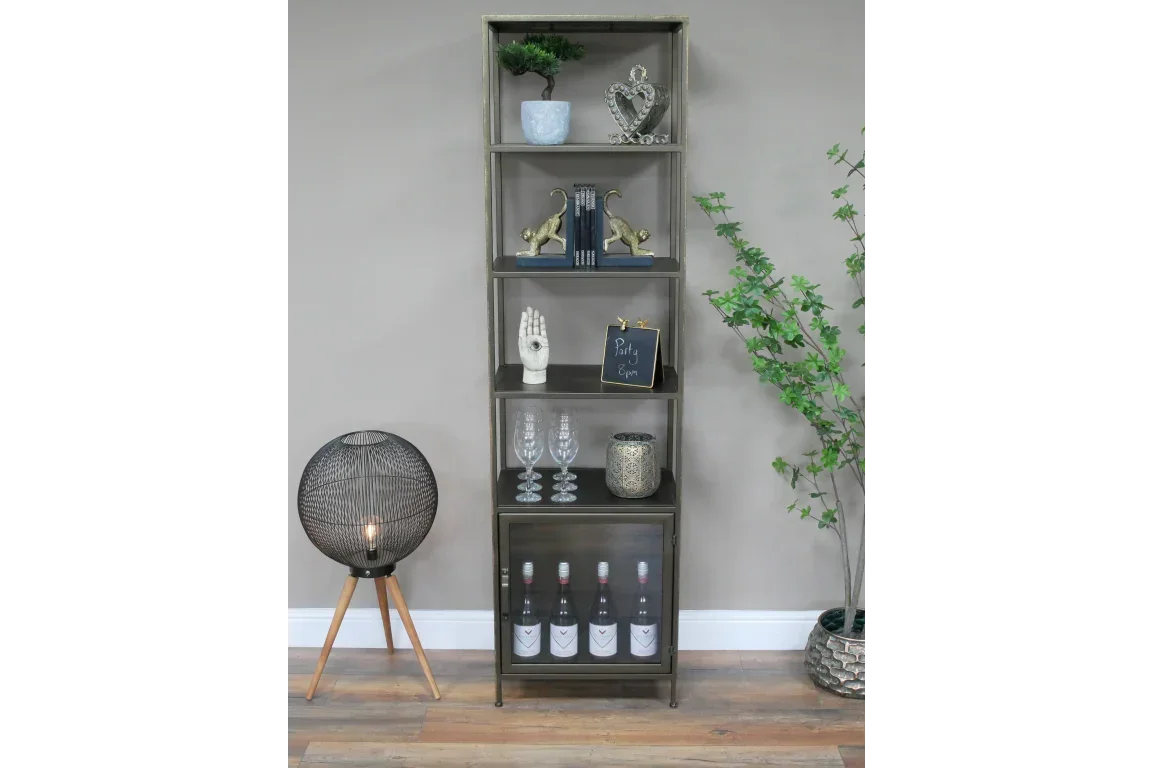Tall wooden shelving unit with glassware, ornaments, and wine bottles in modern living room