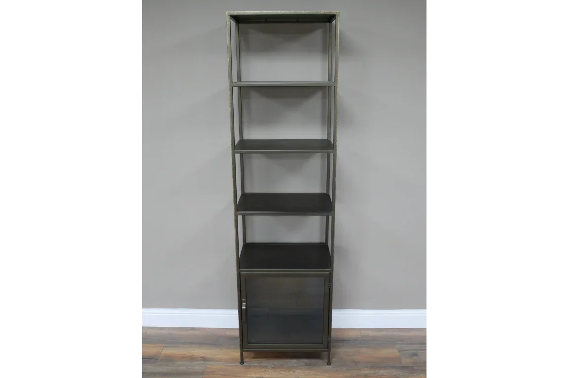 Tall metal shelving unit with five shelves and glass door cabinet at bottom
