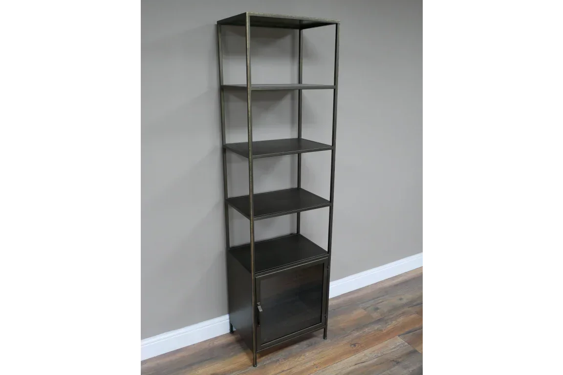 Tall metal shelving unit with glass door cabinet base on wood floor against grey wall