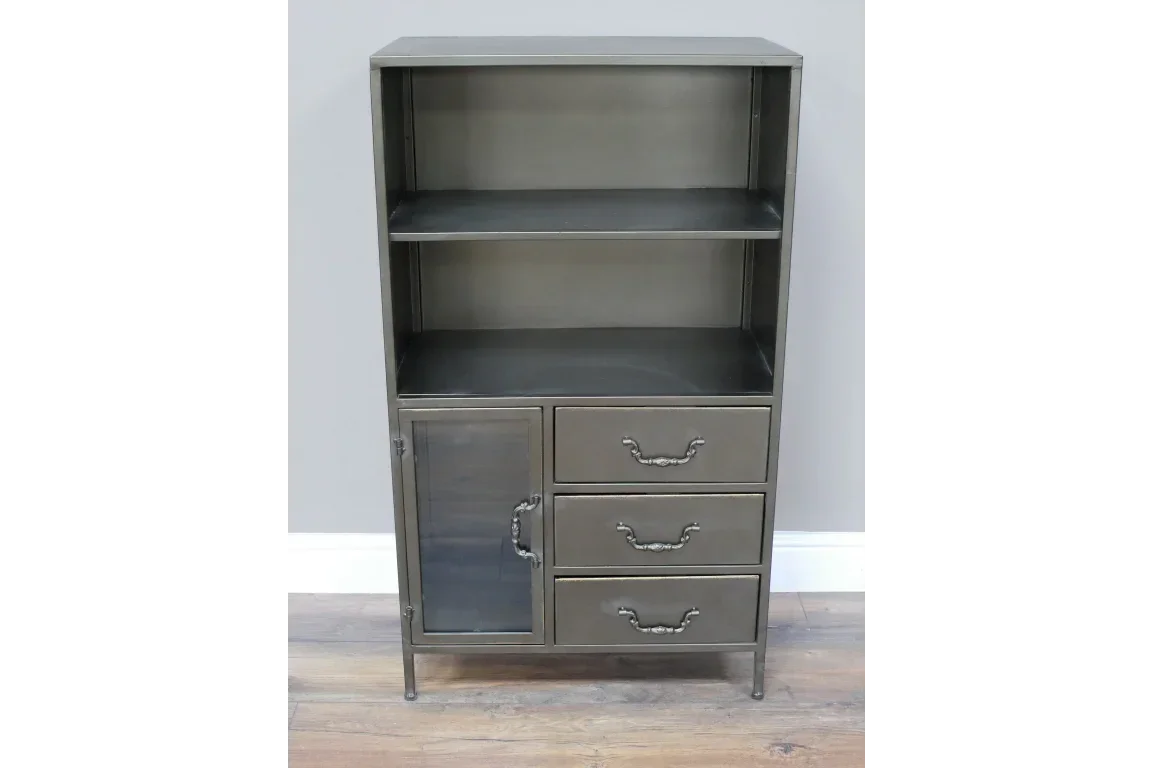 Black metal storage cabinet with three drawers, glass door and two open shelves