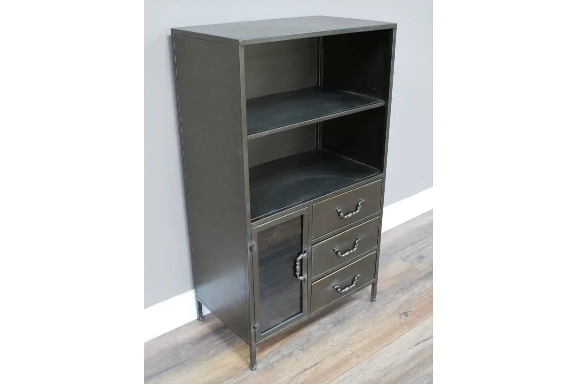 Black metal storage cabinet with two open shelves, three drawers, and a glass door panel