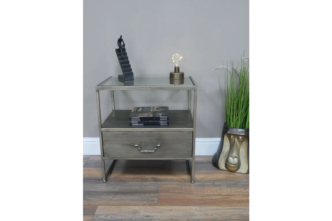 Metal and wood bedside table with glass top, lower shelf and single drawer, styled decor