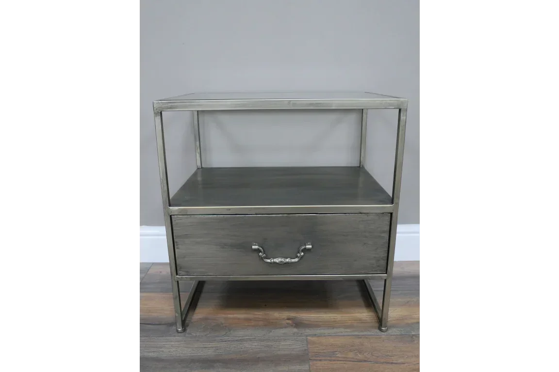 Metal and wood bedside table with drawer and open shelf, silver handle, on wooden floor