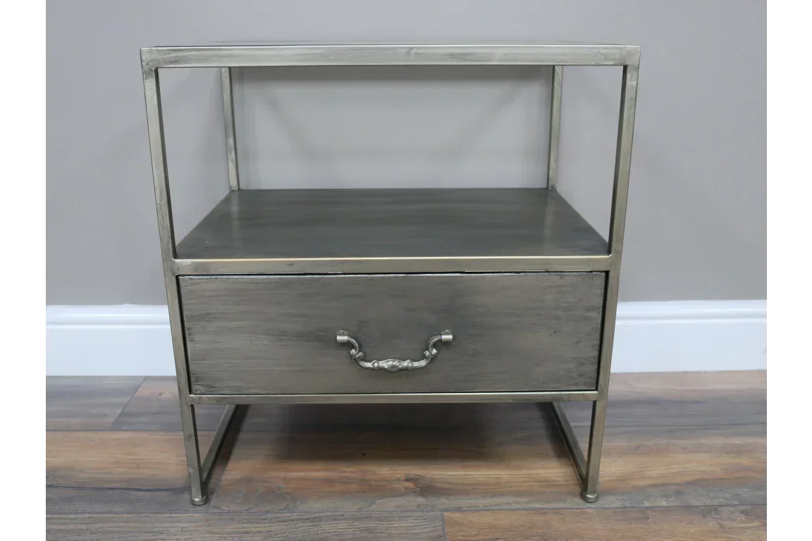 Metal frame bedside table with single drawer and shelf, silver finish, wood accent handle