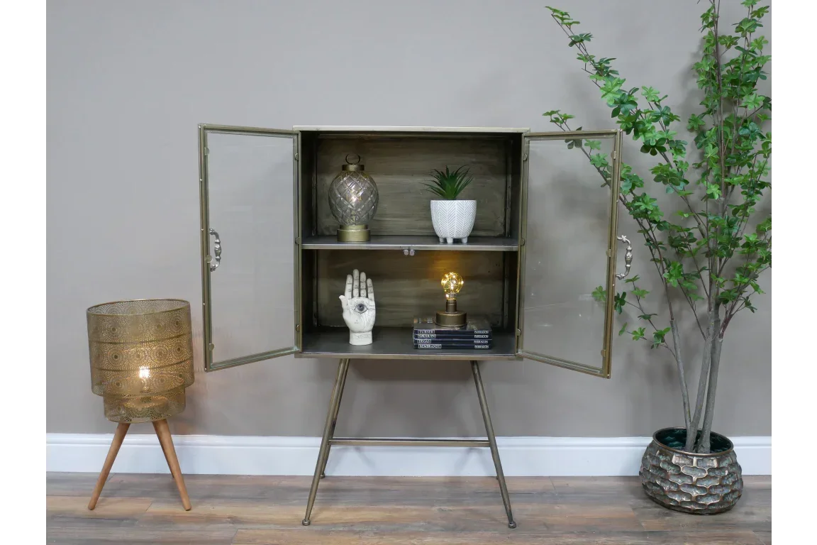 Metal display cabinet with glass doors, styled with decor, beside gold lamp and artificial plant