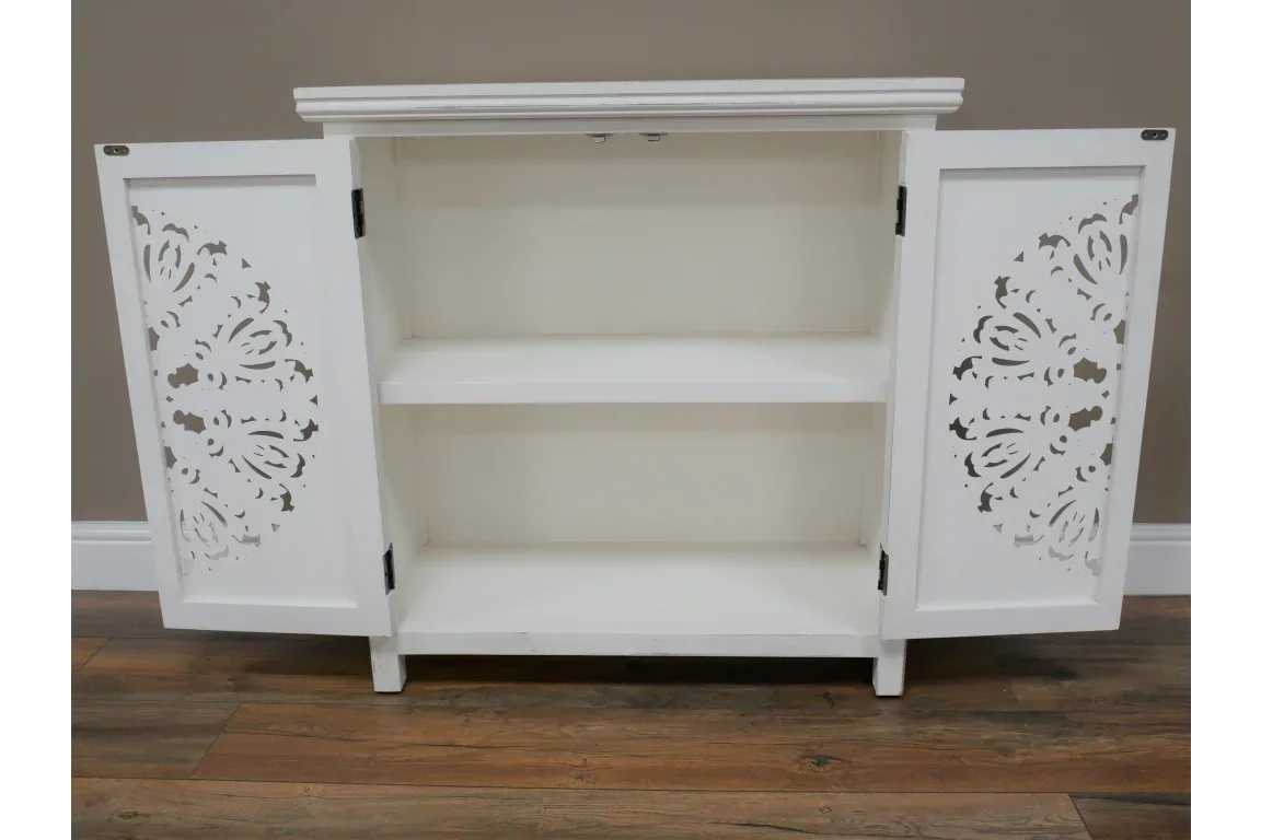 White wooden sideboard with open doors, cut-out details, and two interior shelves