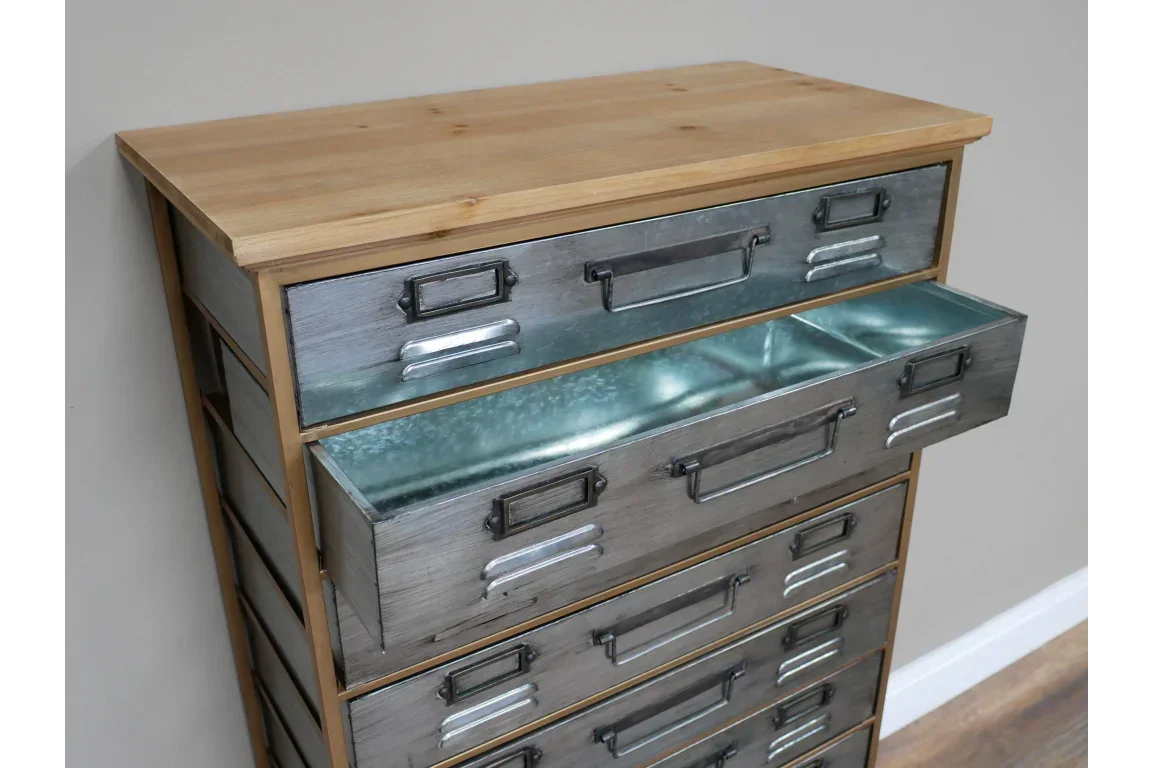 Metal storage chest with wooden top and open divided drawer, industrial style furniture