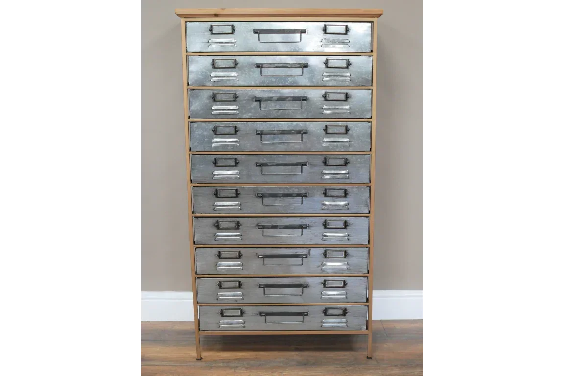 Tall metal storage cabinet with nine galvanized drawers and wood frame, industrial style