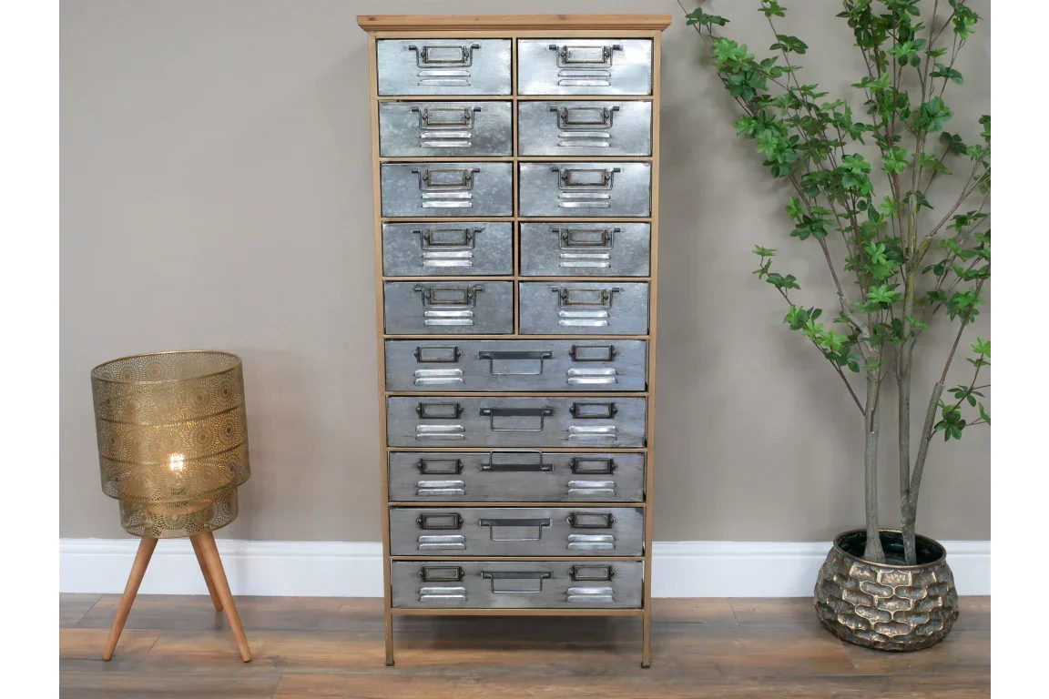 Tall industrial metal chest of drawers with 18 compartments, wooden frame, modern décor