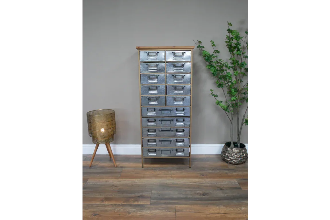 Tall industrial metal drawer cabinet with wood frame, styled in modern living room