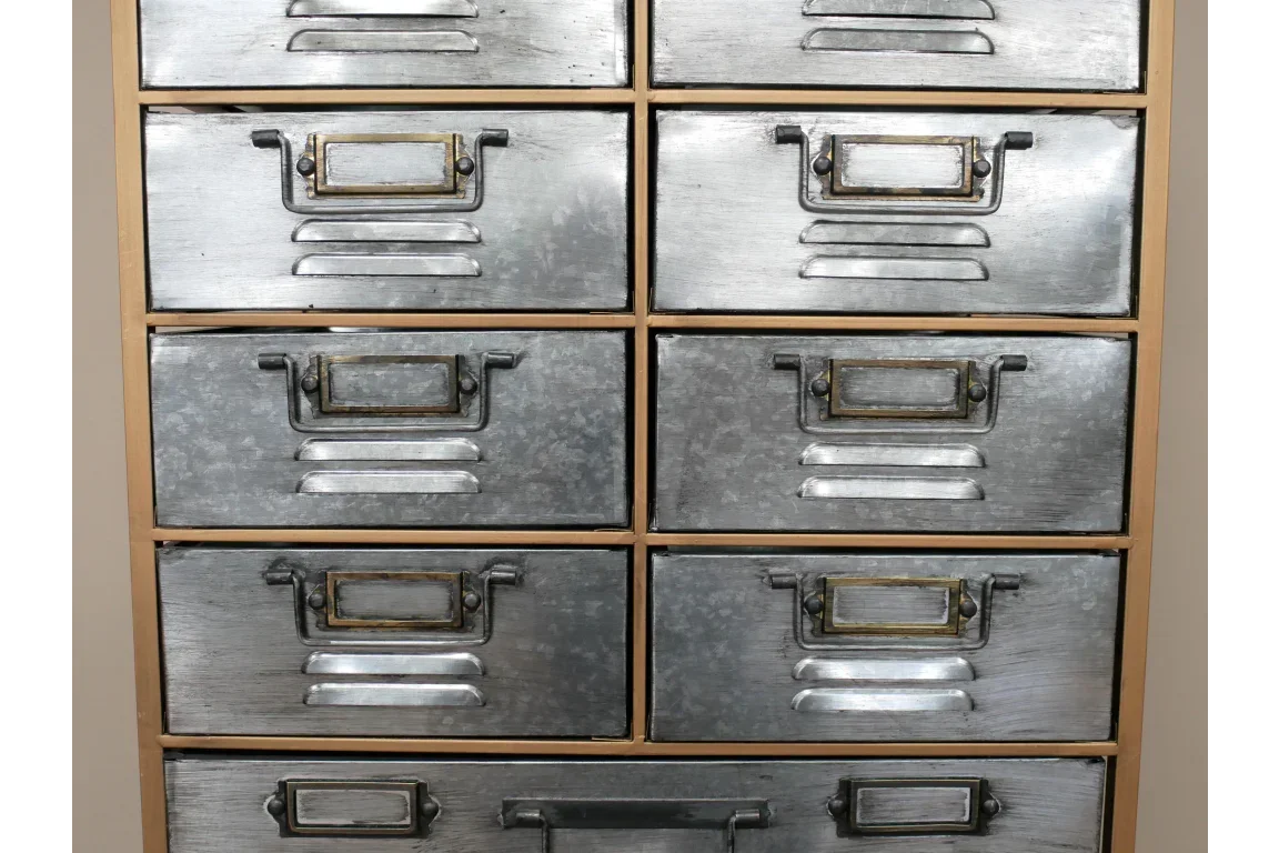 Industrial metal storage drawers with label holders and brushed silver finish