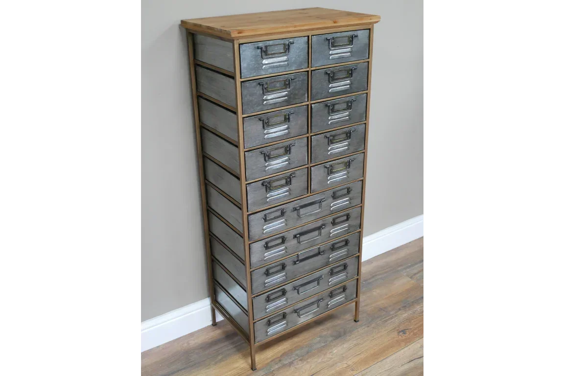 Tall metal storage cabinet with 16 drawers and wooden top, industrial style furniture