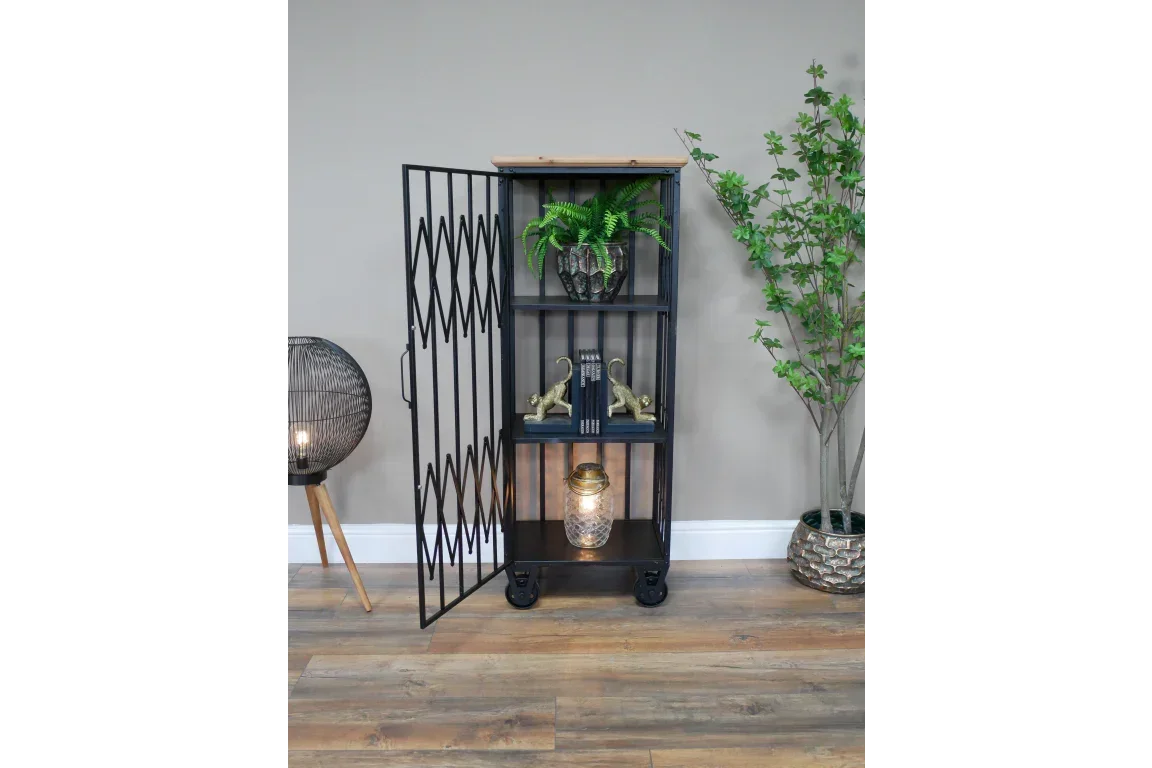 Black metal and wood display cabinet with open door, decorative items and houseplants