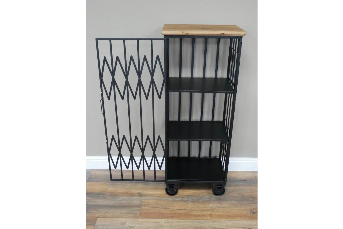 Industrial black metal storage unit with wooden top, three shelves and open grid door