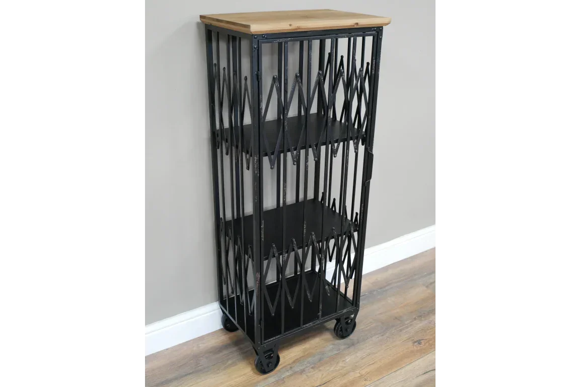 Industrial metal shelving unit with wood top and wheels, three black shelves, side view