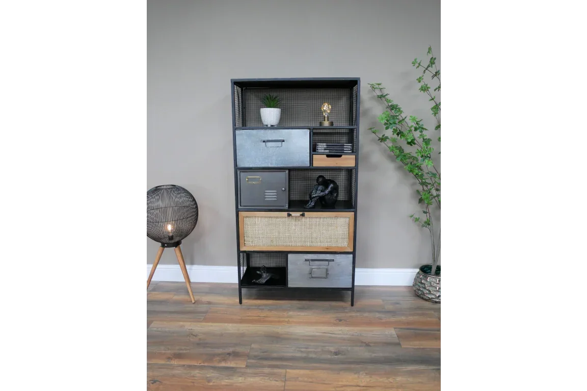 Industrial storage cabinet with mixed metal and rattan drawers, styled in modern living space