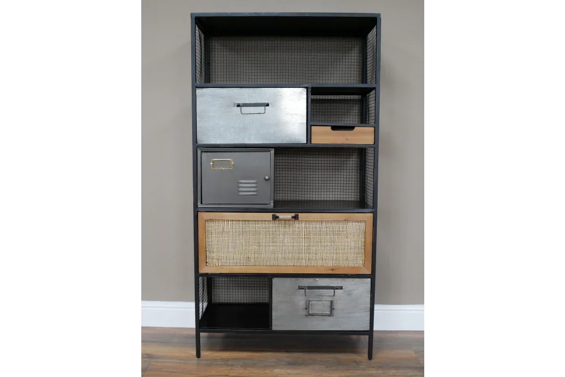 Industrial shelving unit with metal drawers, wood accents, and woven front panel