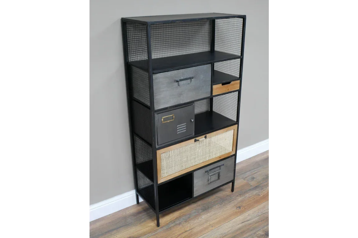 Industrial storage shelving unit with mixed drawers, mesh frame and wood accents