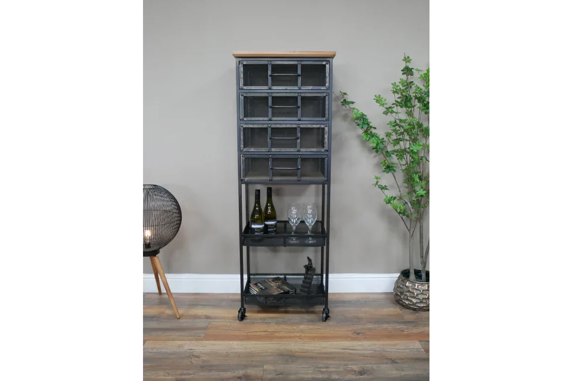 Industrial storage cabinet with mesh drawers, wooden top, and open shelves on castor wheels