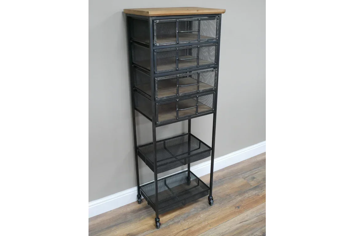 Industrial storage unit with mesh metal drawers, wooden top, and wheels on hardwood floor