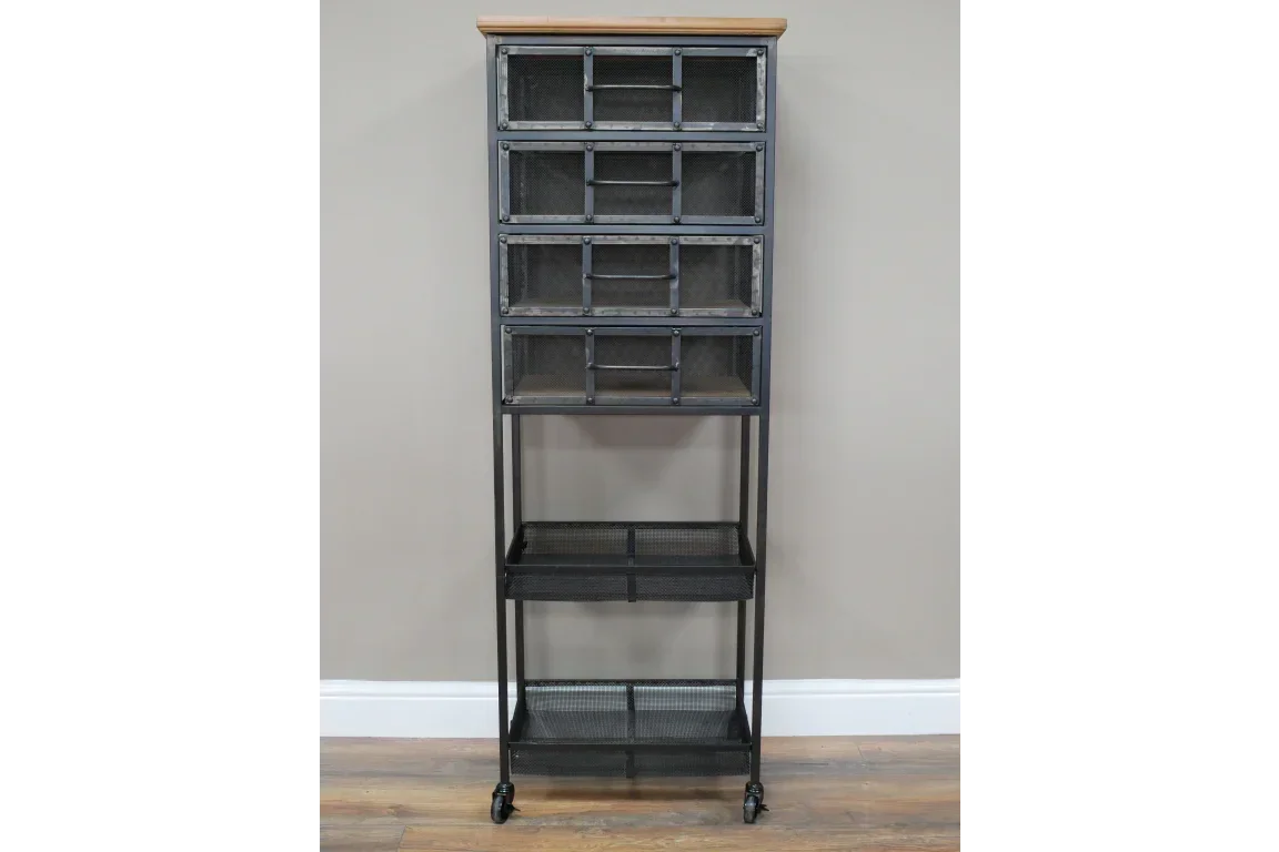 Tall black metal storage unit with mesh drawers and wooden top, on wheels against wall