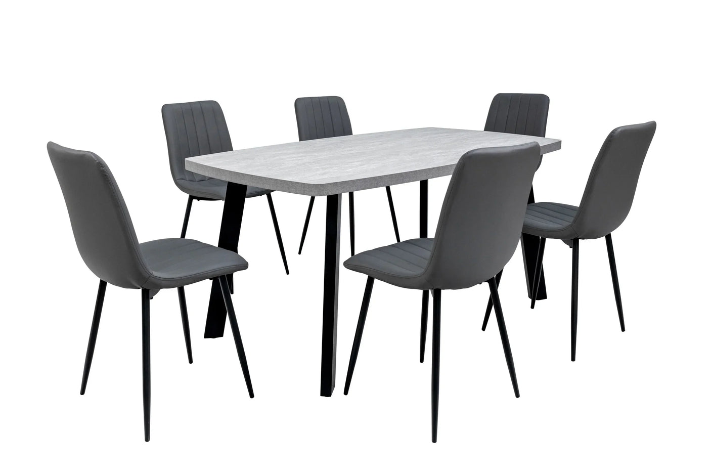 Modern dining table set with six grey chairs and rectangular concrete-effect tabletop