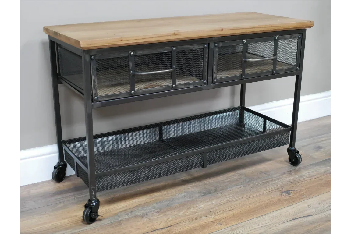 Industrial console table with mesh drawers, metal frame, wood top, and lower shelf on wheels