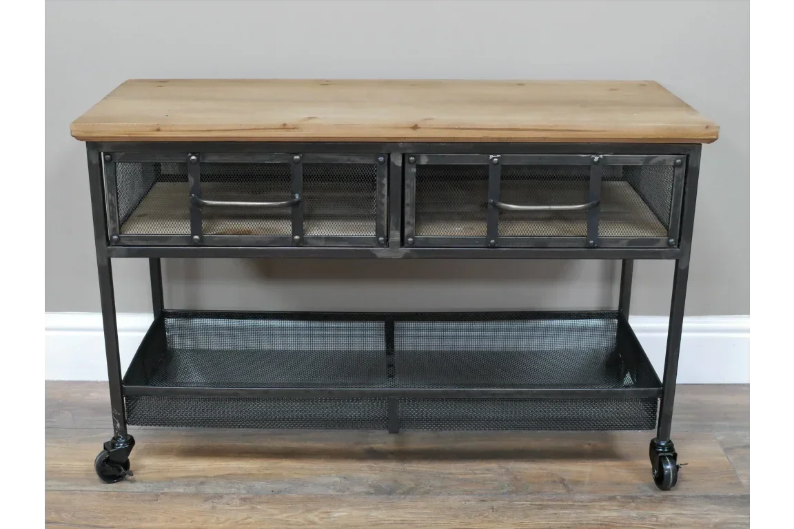 Industrial console table with metal mesh drawers, wood top, and lower shelf on casters