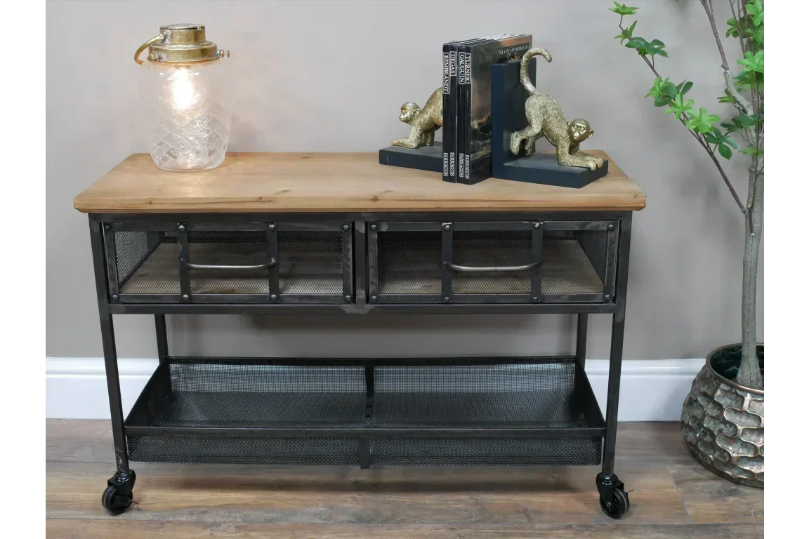Industrial console table with mesh drawers, wood top, and metal frame on castor wheels