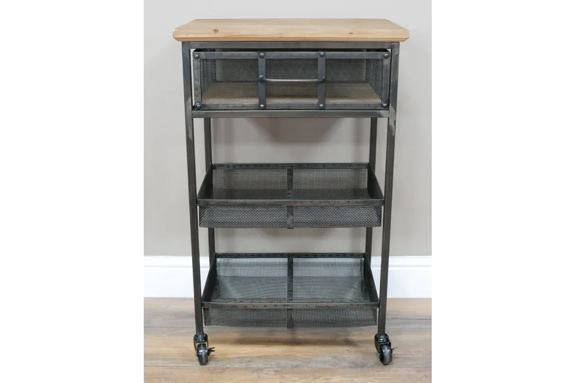 Industrial storage trolley with metal mesh drawers and wooden top on wheels