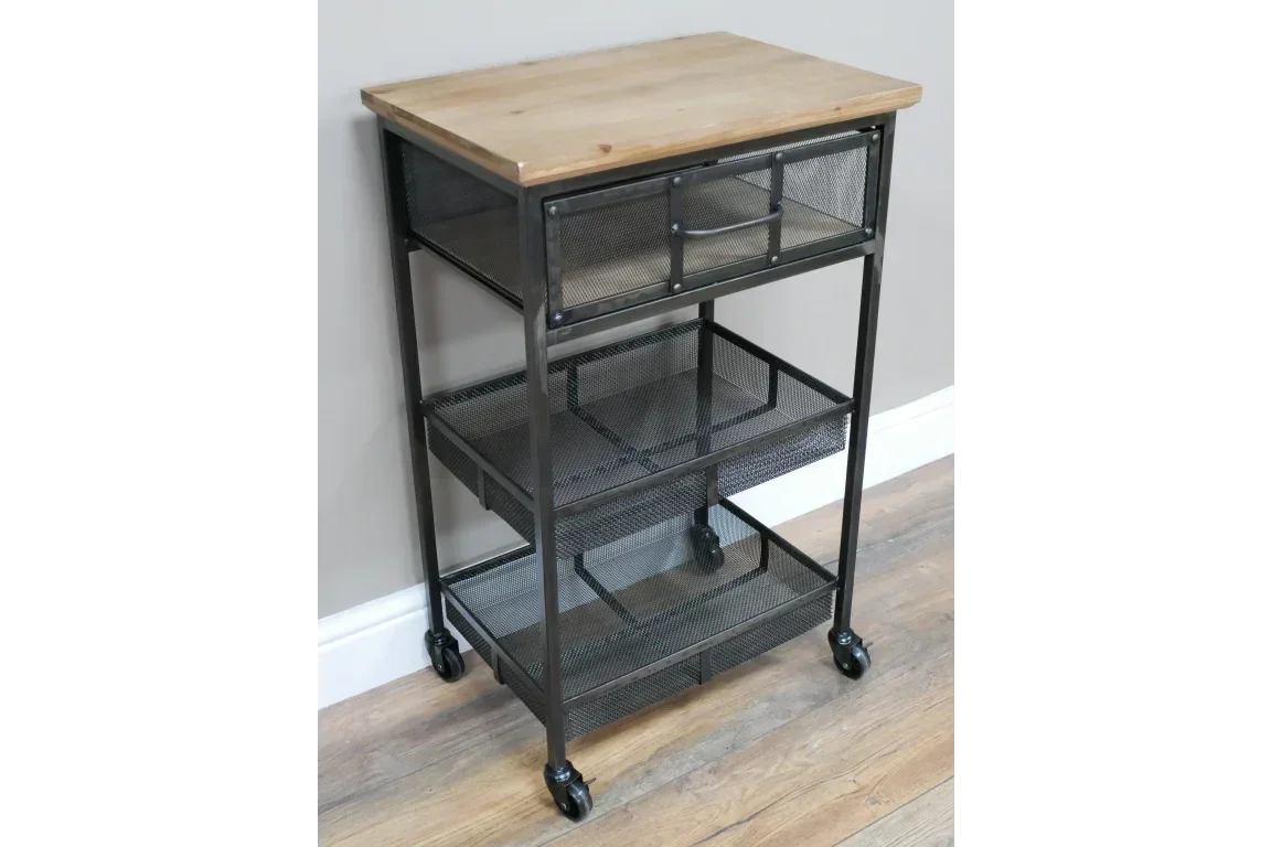 Industrial storage trolley with black mesh drawers, metal frame, wood top and caster wheels