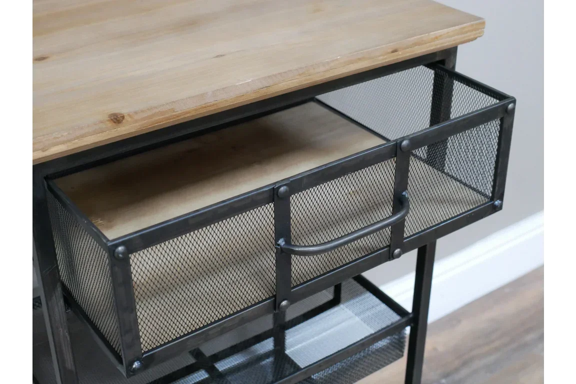 Industrial console table with mesh metal drawer and light wood top