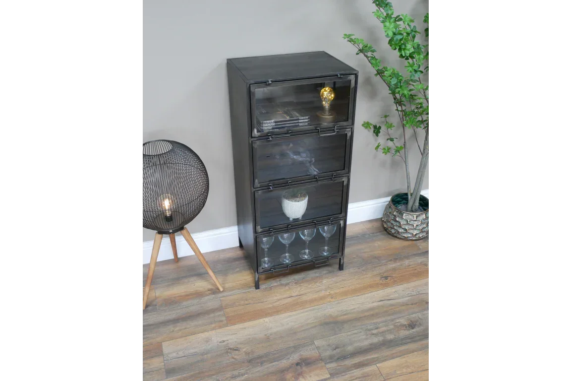 Black metal storage cabinet with glass doors in modern living room setting