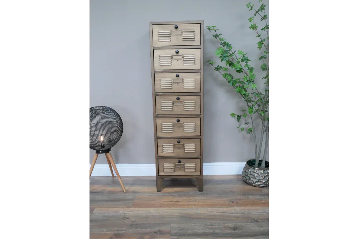 Tall wooden storage chest with seven drawers, metal handles, and louvre detail in modern room