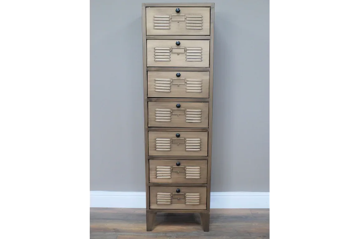 Tall wooden chest of drawers with six compartments and metal handles