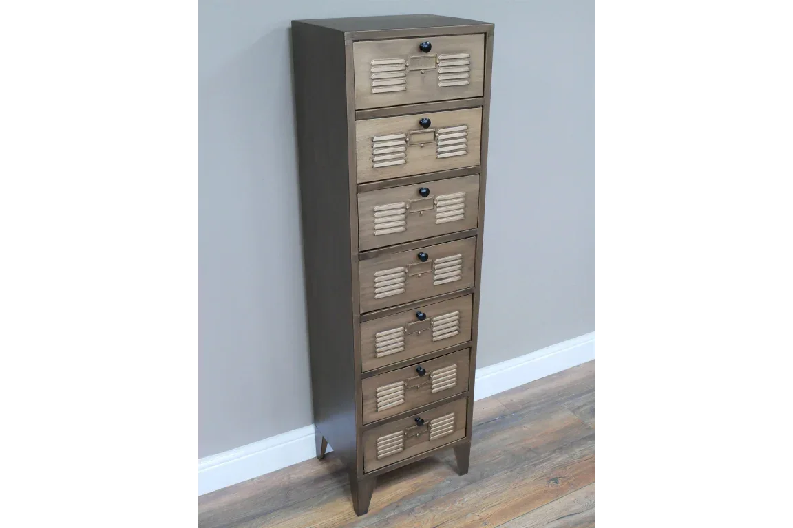 Tall wooden storage cabinet with six shutter-style drawers and black knobs