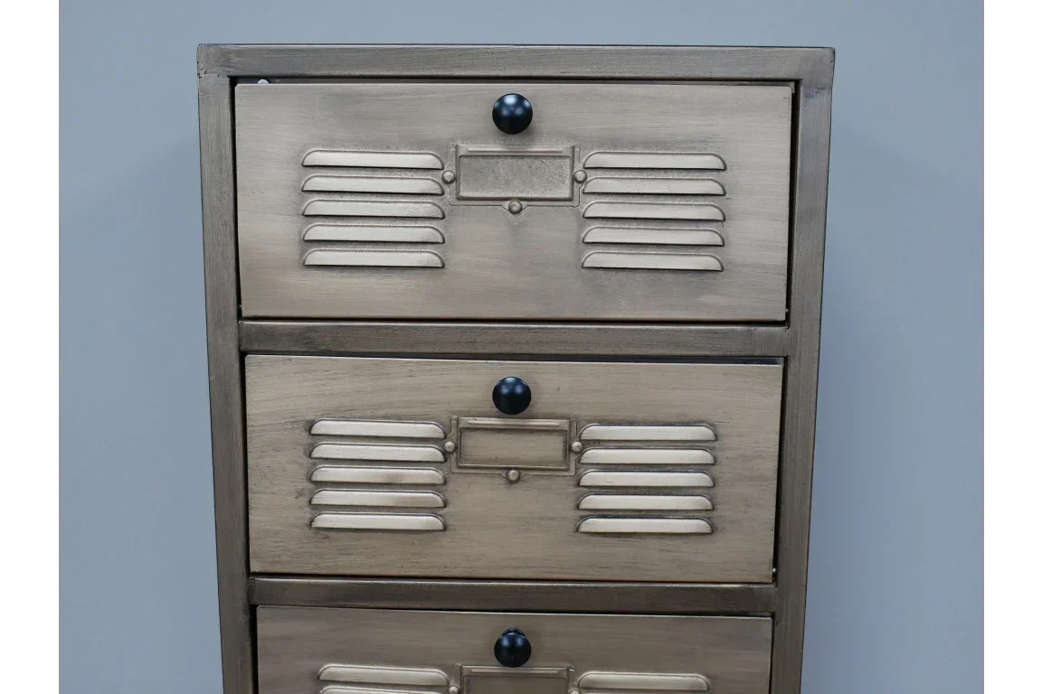 Industrial metal drawer chest with three vented drawers and black round handles