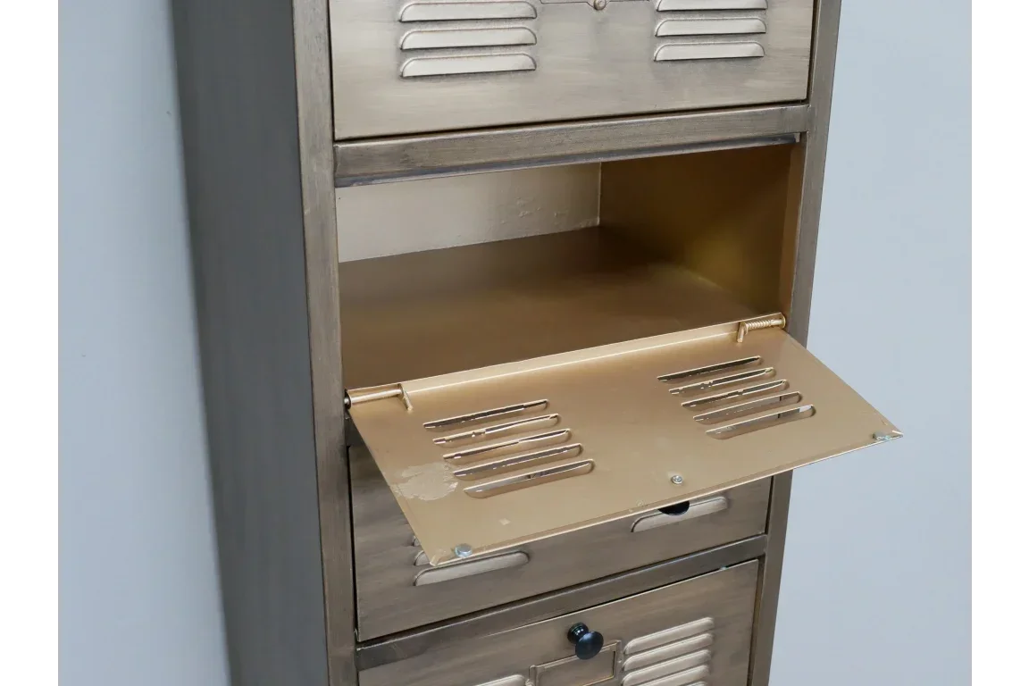 Metal storage cabinet with open drop-down locker door and ventilated panel design