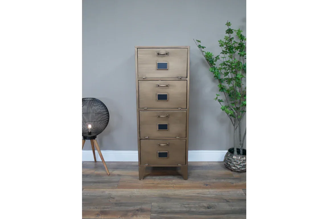 Bronze metal filing cabinet with four drawers in a modern room setting on wood floor