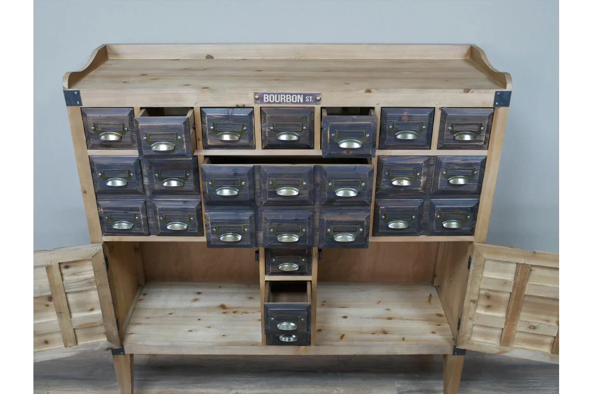 Rustic wooden storage cabinet with multiple small drawers and two open lower doors